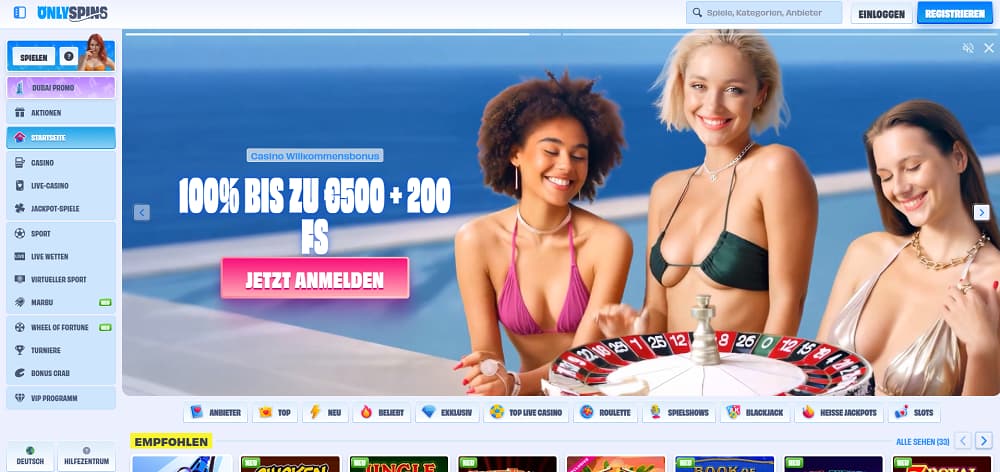 Onlyspins Casino-Startseite mit einem luxuriösen Pool-Banner mit drei Frauen am Roulette-Tisch, der einen 100 % Willkommensbonus bis zu 500 € und 200 Freispiele bewirbt. Die Oberfläche bietet Navigation für Casino, Live-Spiele, Jackpots, Sportwetten und empfohlene Slots wie Book of Dead und Gold Saloon Red Baron.